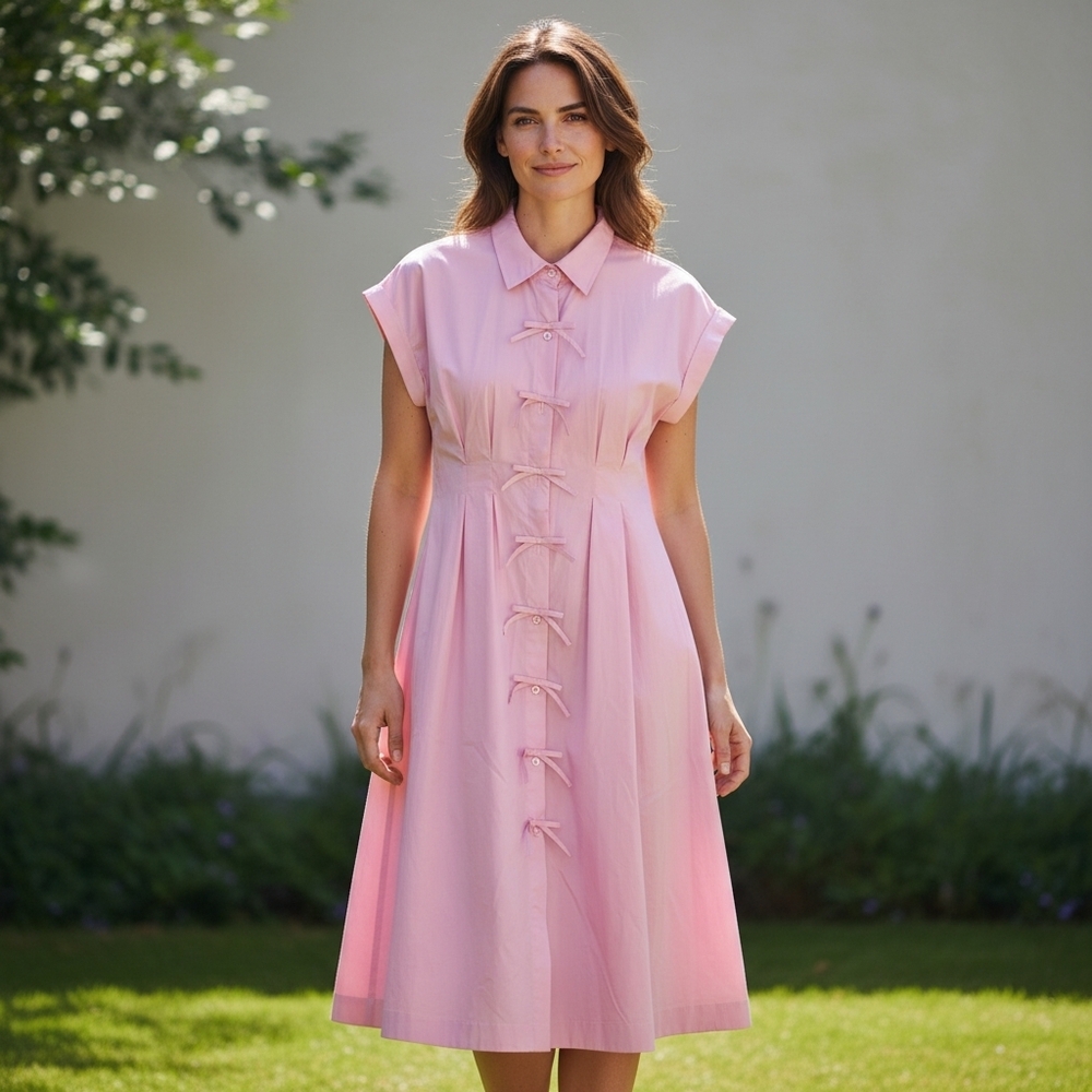 Zoe and Claire Pink Bow Dress Pastel Button Down Shirtdress Cotton Midi Medium